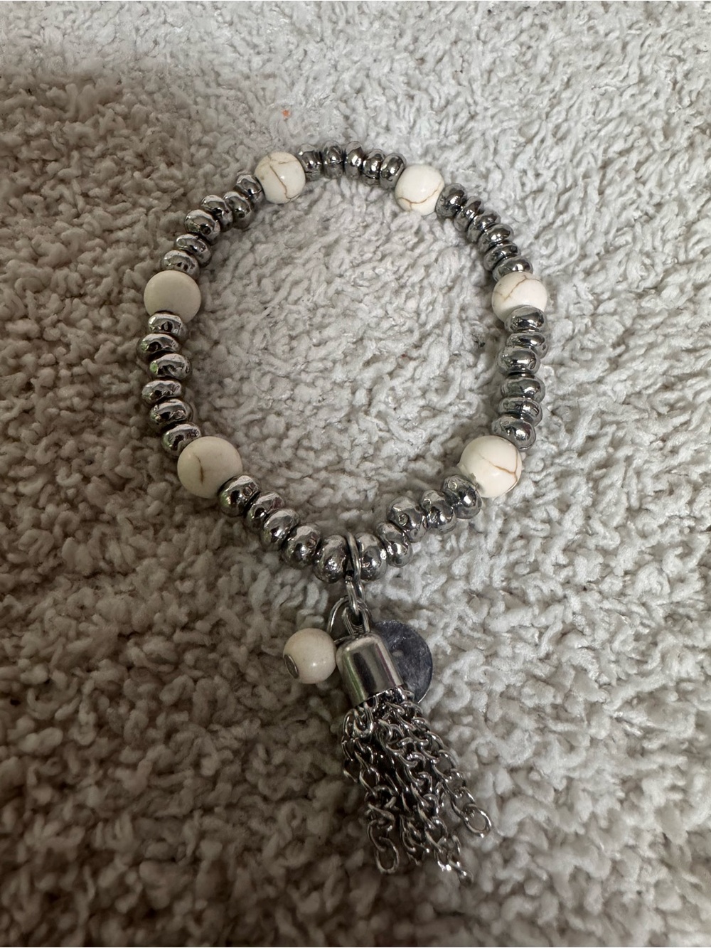 Paparazzi Silver and White Beaded Tassel Stretch Bracelet